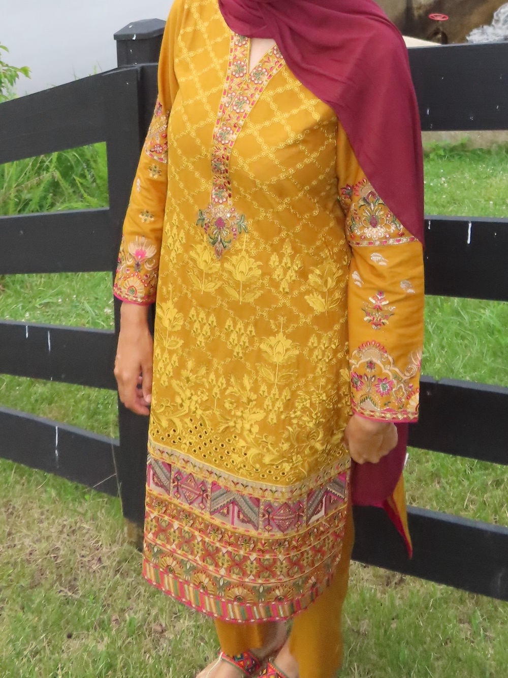 Pakistani Mustard Yellow Embroidered Kurta suit